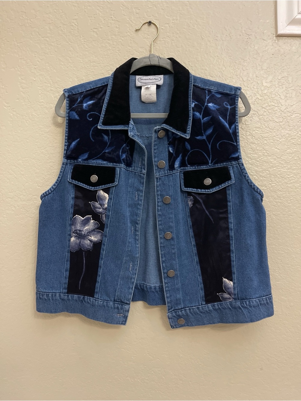 Vintage Stone Bridge Mixed Media Denim Vest - Floral Velvet Accent - Size L